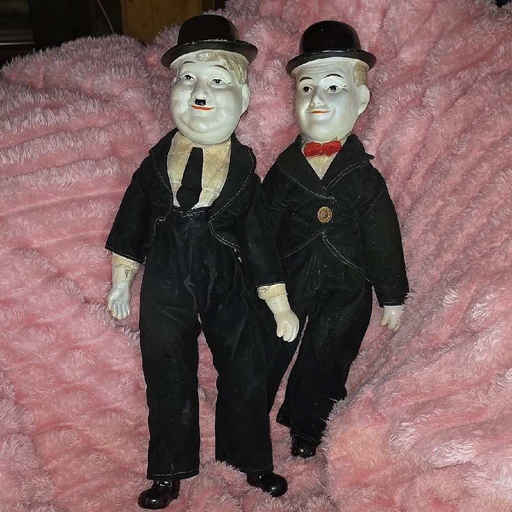 Vintage Black Suit Porcelain Dolls, Laurel and Hardy